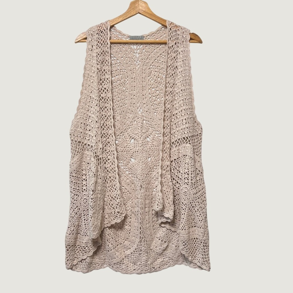 Vintage Crochet Open Front Cardigan Vest Beige Country Boho Festival Fairy Large